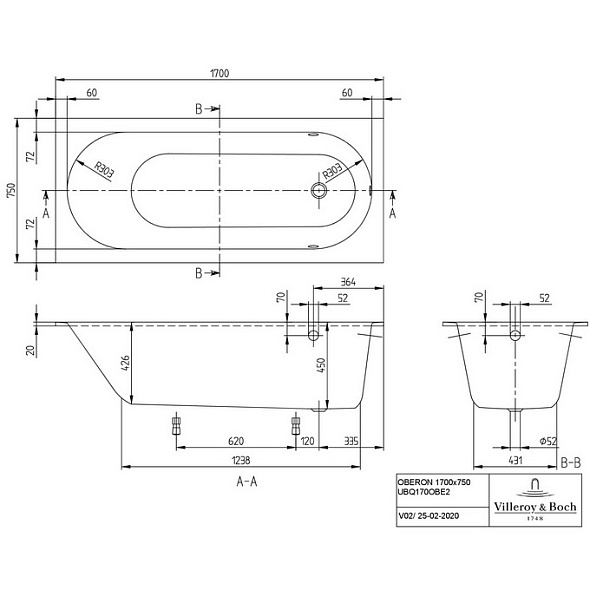 Ванна квариловая Villeroy & Boch Oberon 170х75 q1_UBQ170OBE2V-01, белая