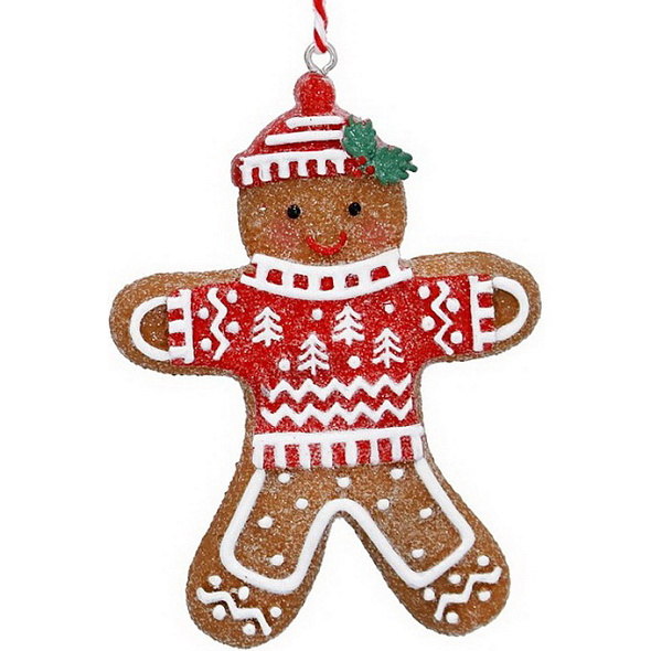 Елочная игрушка "Пряничный человечек в шапке и красном джемпере" 8 см