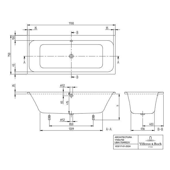 Ванна акриловая Villeroy & Boch Architectura 170х75 UBA170ARE2V-01, белая