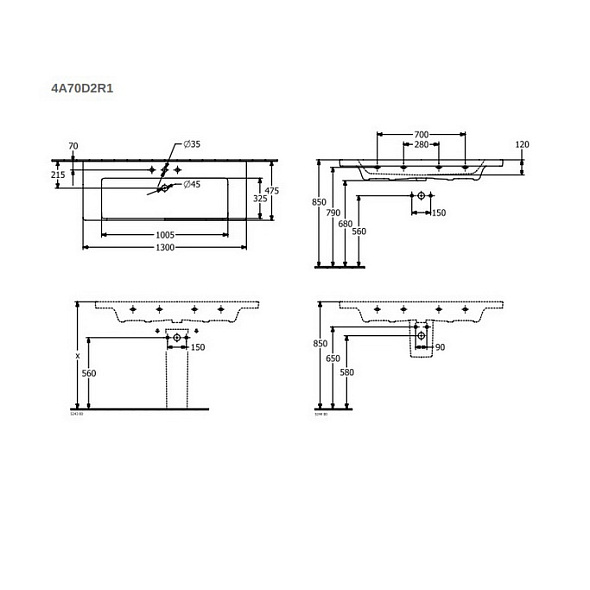 Раковина Villeroy & Boch Subway 3.0 130х47, CeramicPlus, TitanCeram, без перелива