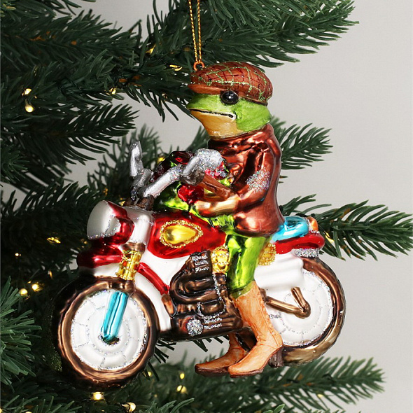 Елочная игрушка "Лягушка на мотоцикле" 12 см