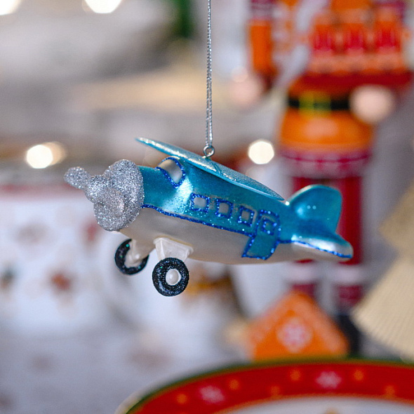 Елочная игрушка "Самолетик синий" 5 см