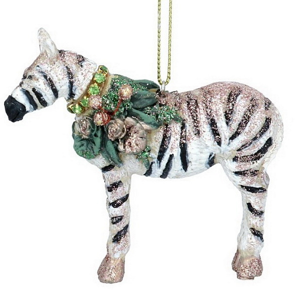 Новогодняя игрушка "Зебра с листьями на шее" 8 см