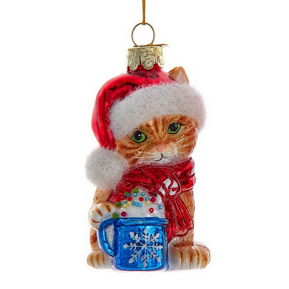 Новогодняя игрушка "Рыжий котенок с подарком" 8,3 см