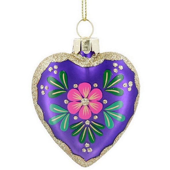 Игрушка на елку в форме сердца "Цветы" 7 см, фиолетовая