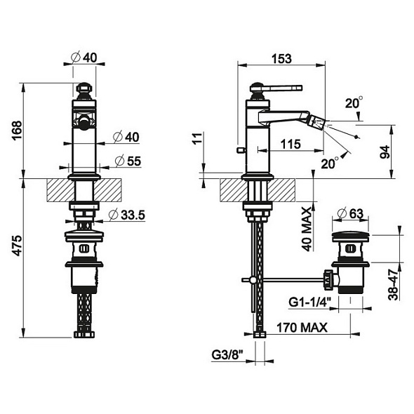 Смеситель для биде Gessi Venti20 65007.149, с донным клапаном, брашированный никель