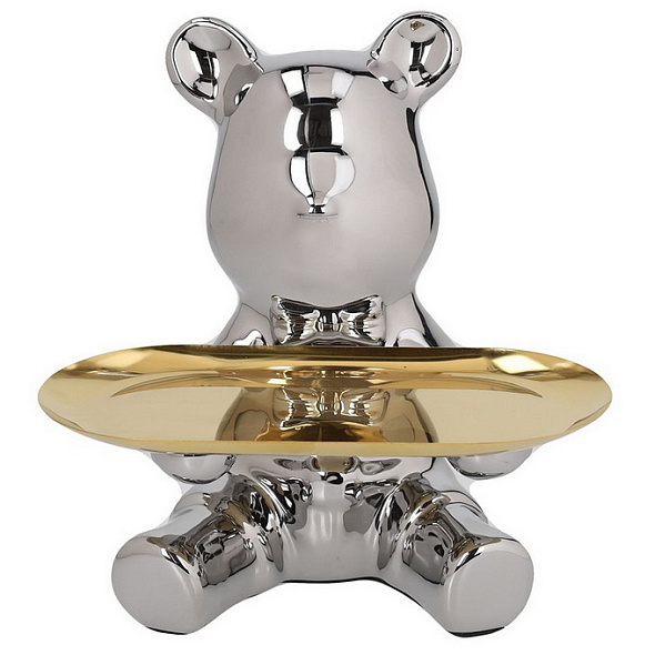 Фигурка декоративная "Медведь с подносом" 19 см, цвет серебро