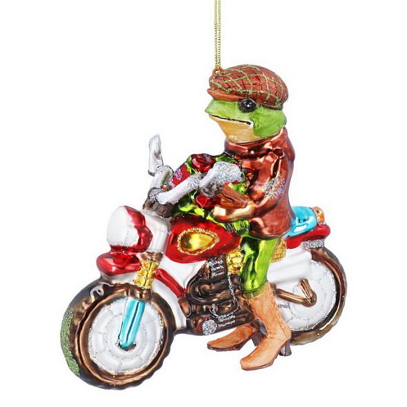 Елочная игрушка "Лягушка на мотоцикле" 12 см