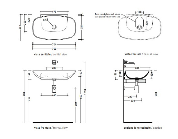 Раковина подвесная Flaminia Nuda 76х45 ND75LFAN, Fango