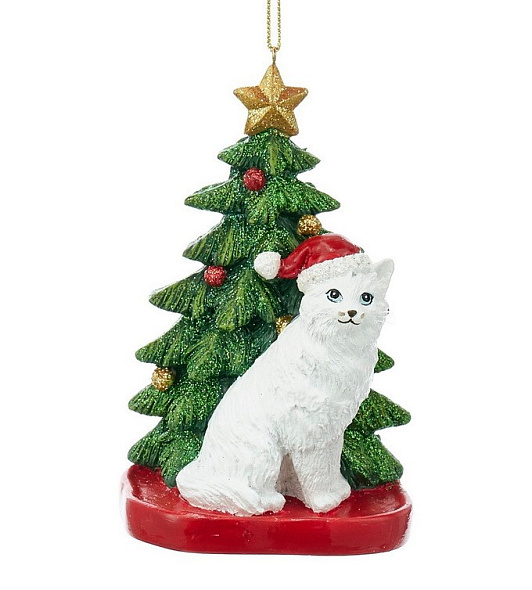 Игрушка на елку "Белый котик под елкой" 10,8 см