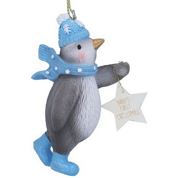 Елочная игрушка "Пингвин со звездой" 8 см, цвет голубой
