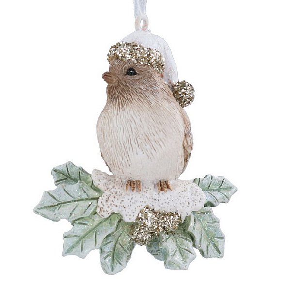 Елочная игрушка "Птица на листьях" 7 см