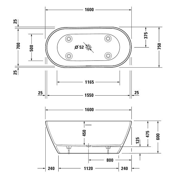 Ванна Duravit D-Neo 160x75, из DuroCast, без перелива