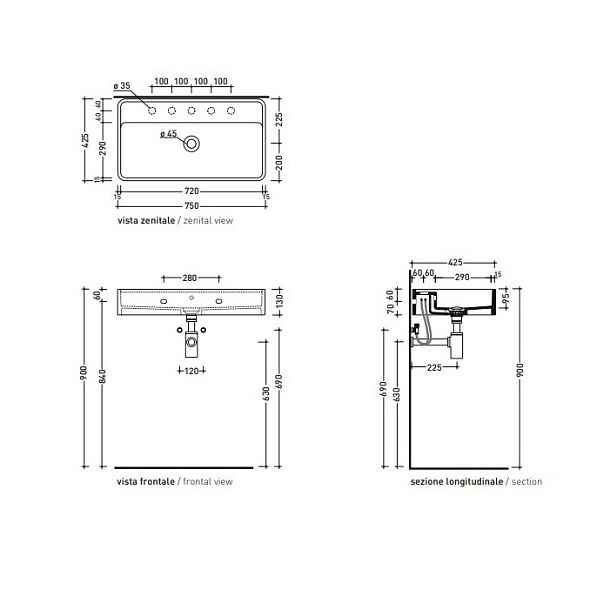 Раковина Flaminia Miniwash 75х42, с донным клапаном, Argilla