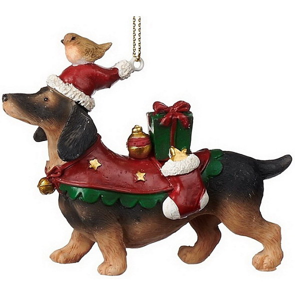 Новогодняя игрушка "Такса с птичкой" 8 см