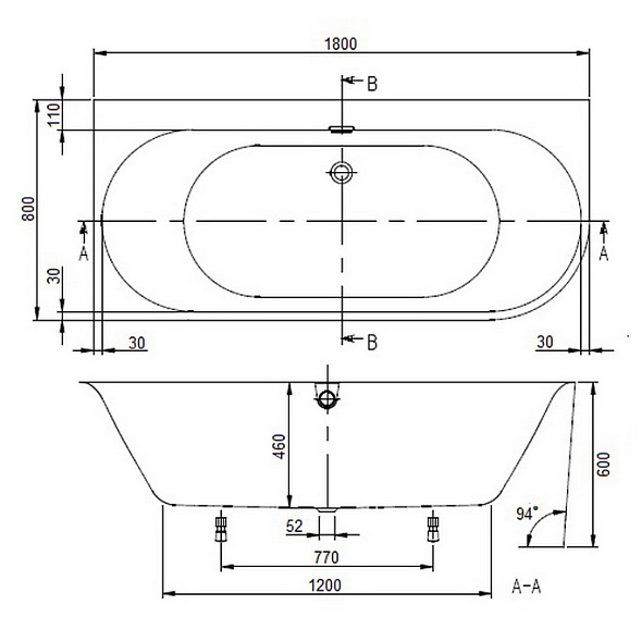 Ванна квариловая Villeroy & Boch Oberon 2.1 180х80 L, с сифоном, белая
