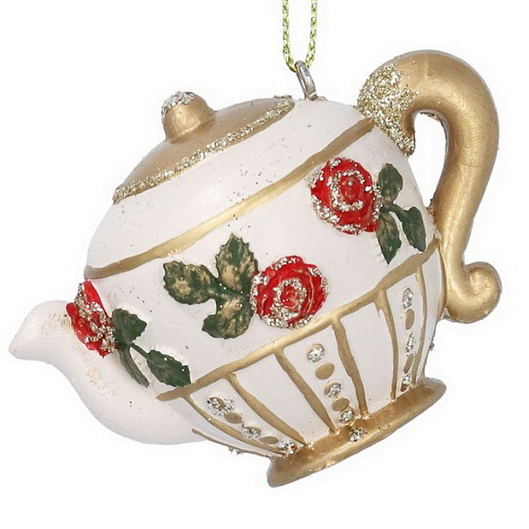 Елочная игрушка "Чайник с красными розами" 5х7 см