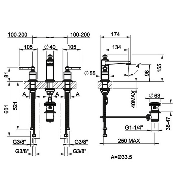 Смеситель для раковины Gessi Venti20 65012.727, брашированная латунь PVD