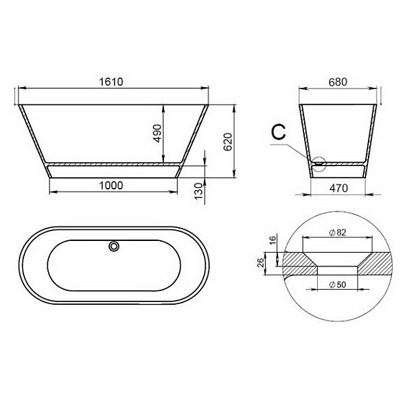 Ванна Holbi Selena SRG 161х68, из Soft Rock, белая глянцевая