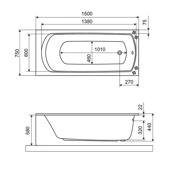 Ванна акриловая Excellent Lamia Slim 150x75, с ножками