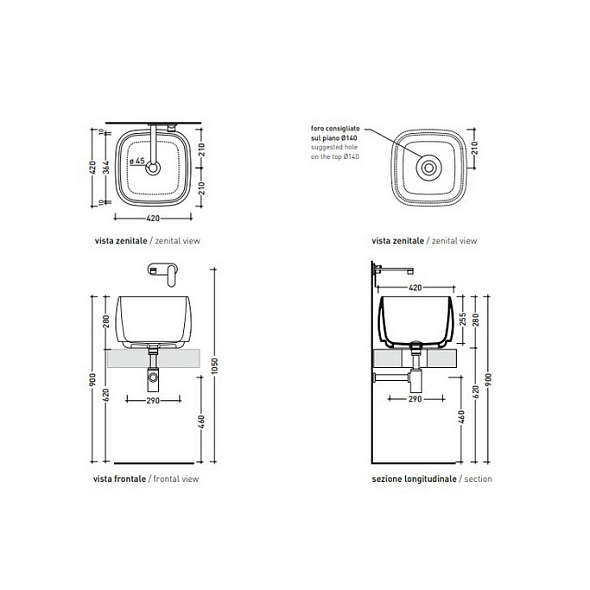 Раковина Flaminia Flag 40х40, с донным клапаном, Latte