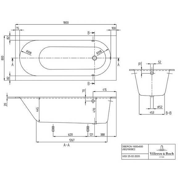 Ванна квариловая Villeroy & Boch Oberon 180х80 UBQ180OBE2V-01
