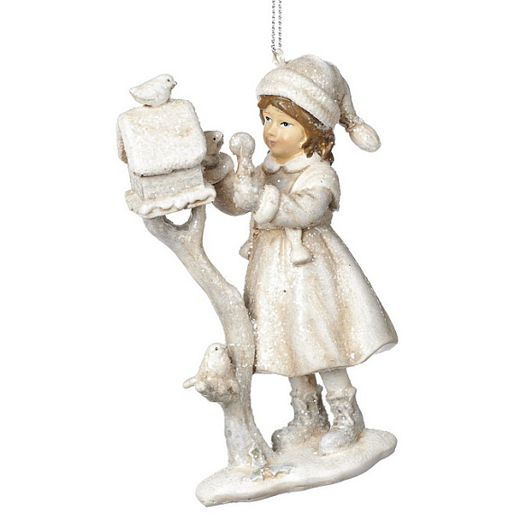 Новогодняя игрушка "Девочка и кормушка" 12,5 см
