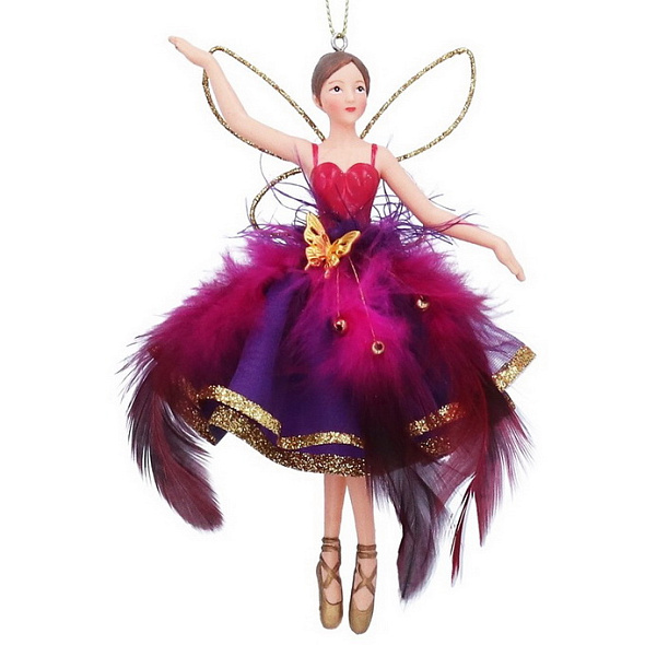 Елочная игрушка "Фея в юбке из перьев" 15 см, фиолетовая
