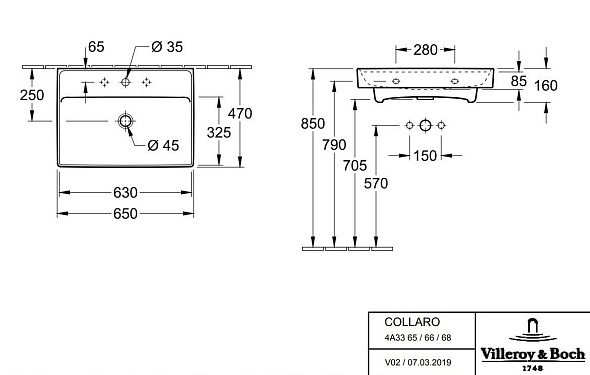 Раковина Villeroy & Boch Collaro 65х47 CeramicPlus, 4A3366R1, подвесная , из TitanCeram, белая