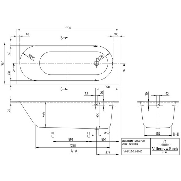 Ванна квариловая Villeroy & Boch Oberon 170х70 UBQ177OBE2V-01