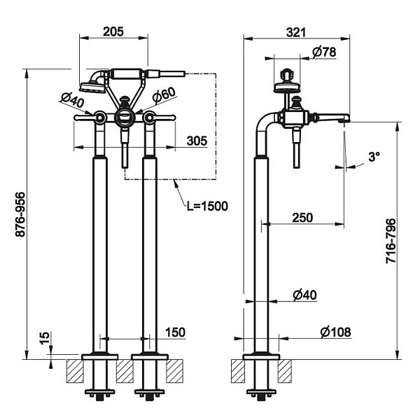 Смеситель для ванны Gessi Venti20 65128.149, напольный, брашированный никель