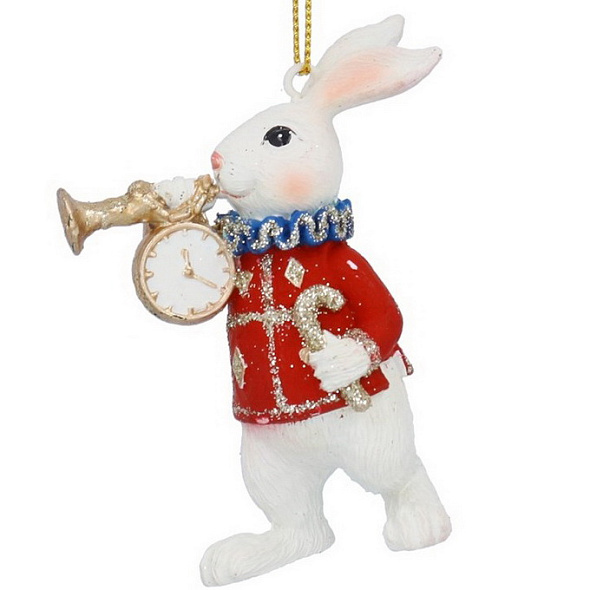 Елочная игрушка "Белый кролик с трубой-часами" 8 см