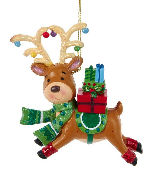 Новогодняя игрушка "Олень в зеленом шарфе" 11 см