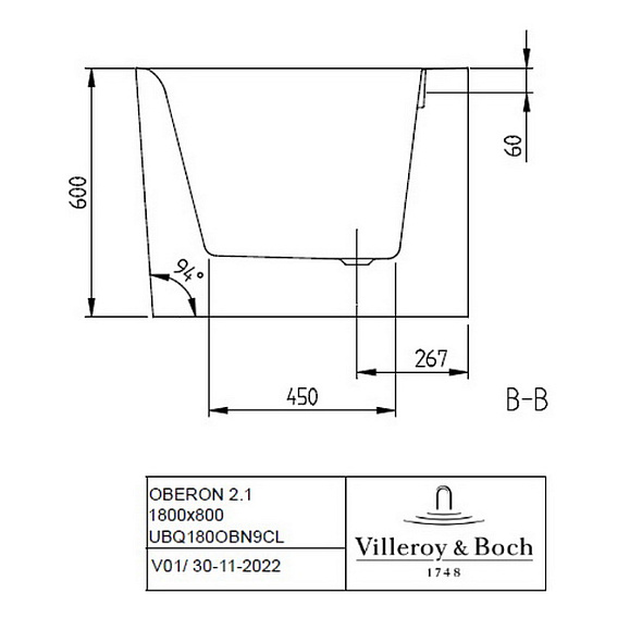 Ванна квариловая Villeroy & Boch Oberon 2.1 180х80 L, с сифоном, белая