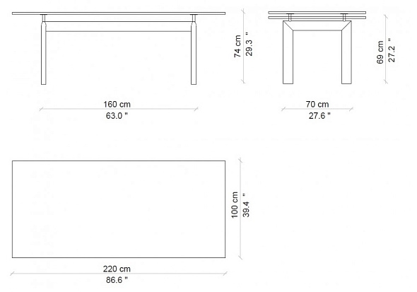Стол Cassina Table tube d’avion 220х100, Aquamarine Fluted Glass