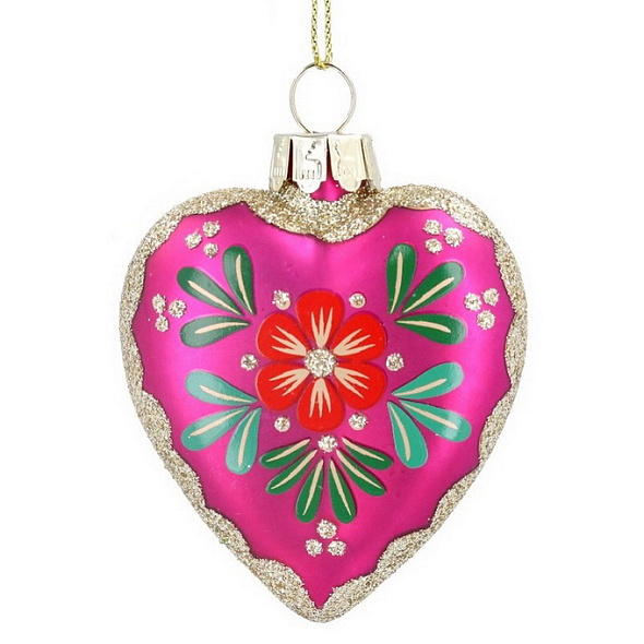 Игрушка на елку в форме сердца "Цветы" 7 см, розовая