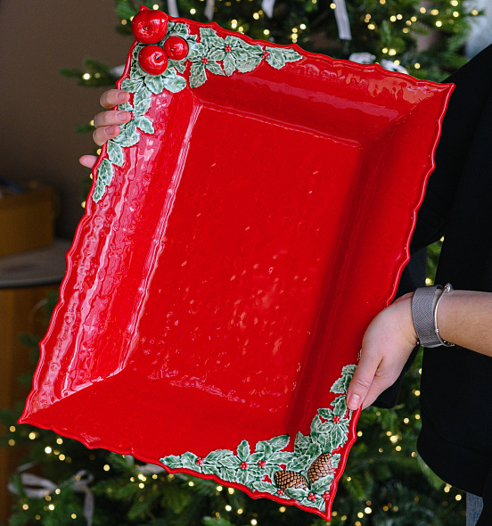 Блюдо прямоугольное Coroa De Natal 50х38см, красное