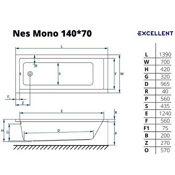 Ванна акриловая Excellent Ness Mono 140x70, с ножками