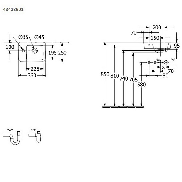 Раковина Villeroy & Boch O.Novo 25х36 43423601, подвесная