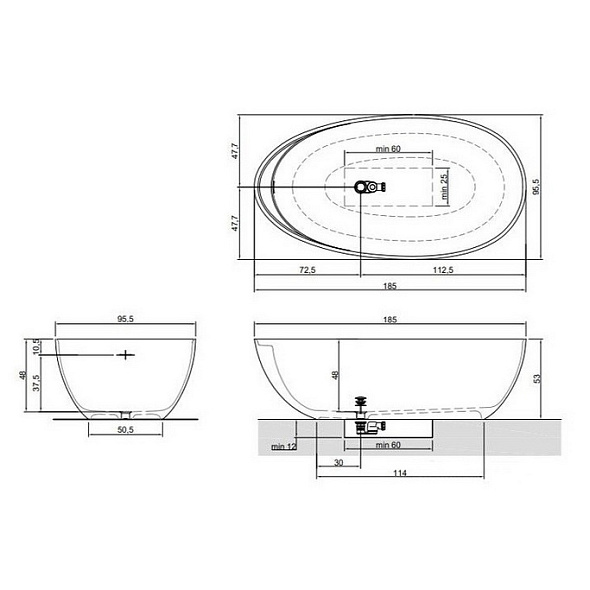 Ванна Antonio Lupi Eclipse 185х95, из материала Cristalplant, матовая, белая