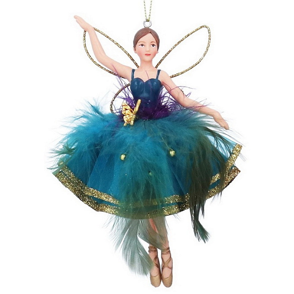 Елочная игрушка "Фея в юбке из перьев" 15 см, бирюзовая