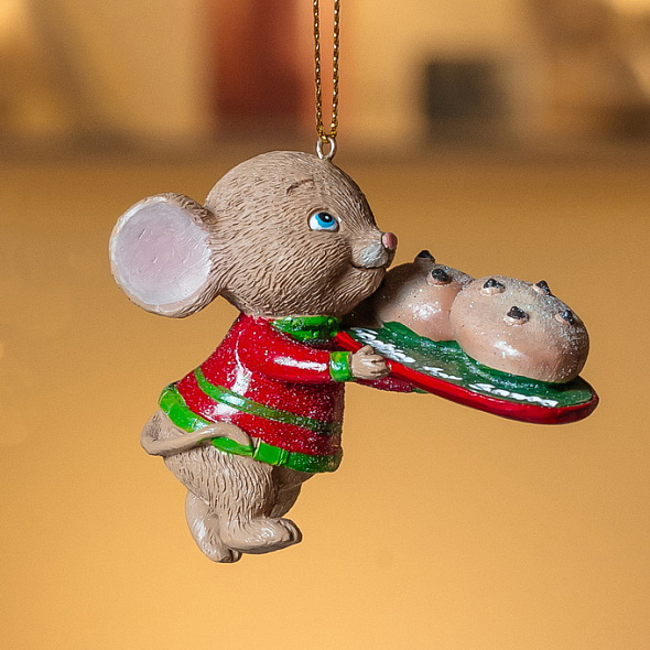 Новогодняя игрушка "Мышка с печеньем" 7,6 см