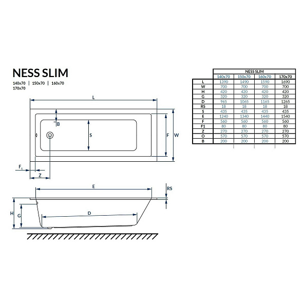 Ванна акриловая Excellent Ness Mono Slim 150x70, с ножками