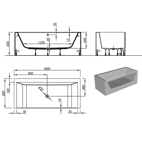 Ванна Kolpa-San Copelia Light FS 180x80, из каменной массы Kerrock, с акриловым стеклом, белая