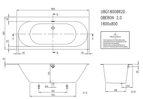Ванна квариловая Villeroy & Boch Oberon 2.0 180х80 UBQ180OBR2DV-01