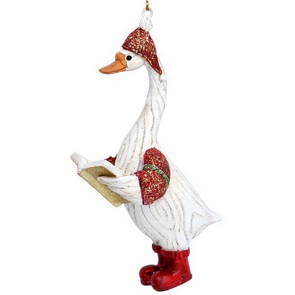Новогодняя игрушка "Гусь бело-красный с книжкой" 10 см