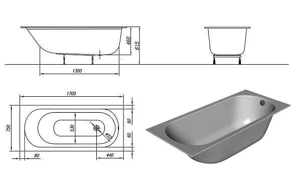Ванна акриловая Kolpa-San Betty E2, 170х75, тонкий борт, с ножками и сифоном