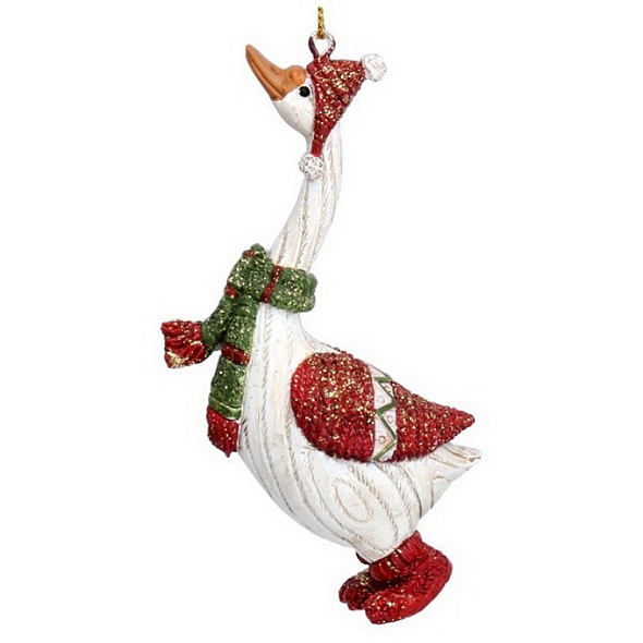 Новогодняя игрушка "Гусь бело-красный в шарфе" 10 см