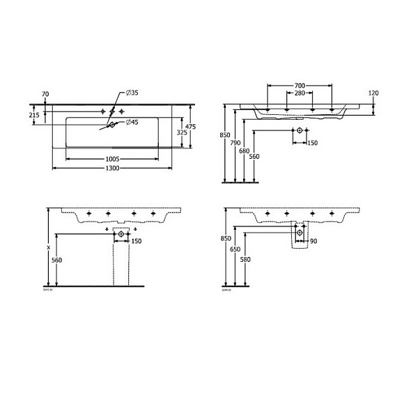 Раковина Villeroy & Boch Subway 3.0 130х47, CeramicPlus, TitanCeram, с переливом