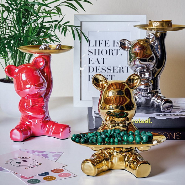 Фигурка декоративная "Медведь с подносом" 19 см, цвет золото